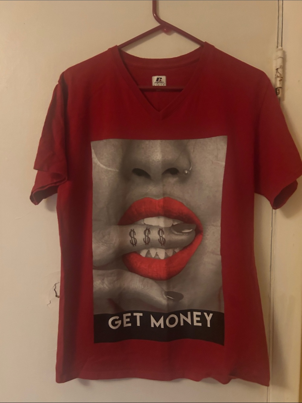 Russell Athletic Red V-Neck Tee with 'Get Money' Graphic tee.
